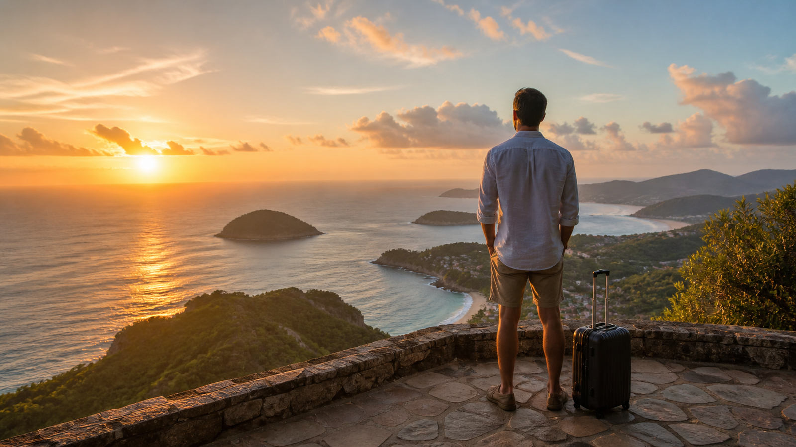 Traveller overlooking an island destination at the end of a journey