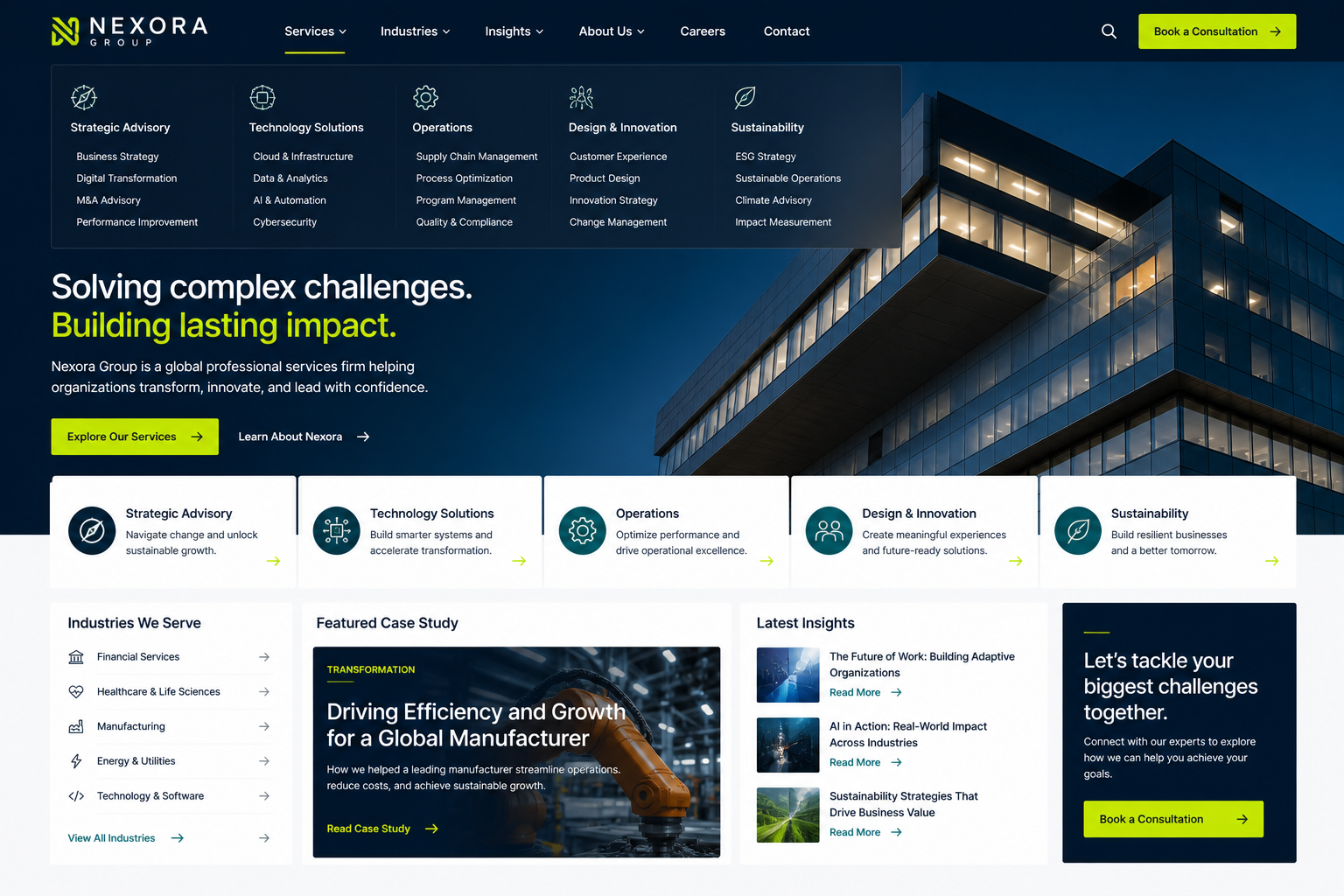 Manufacturing and professional services website homepage